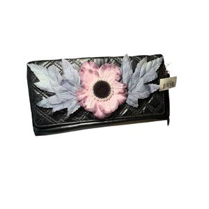 Snap Clutch with Floral Design. Black, Pink and Grey. New.